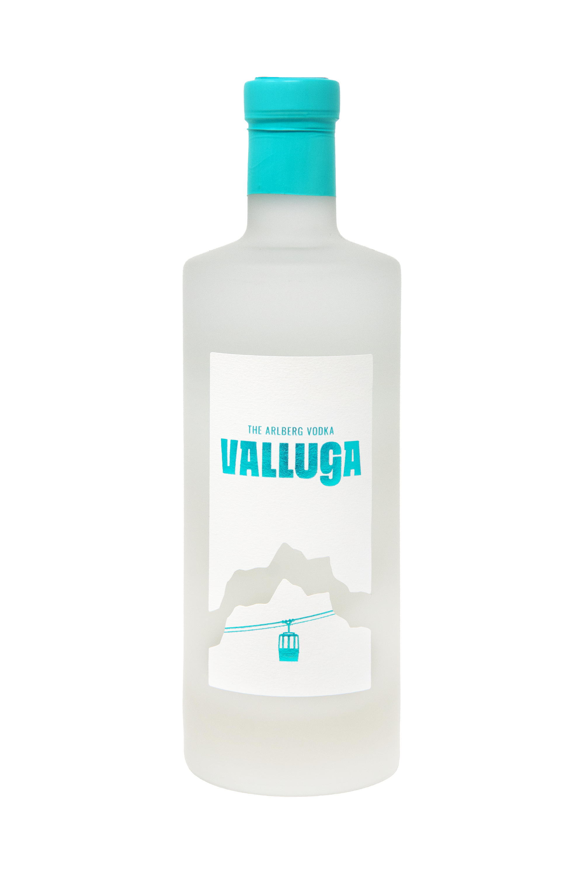 Valluga Vodka in mattierter Flasche mit türkisfarbener Kappe